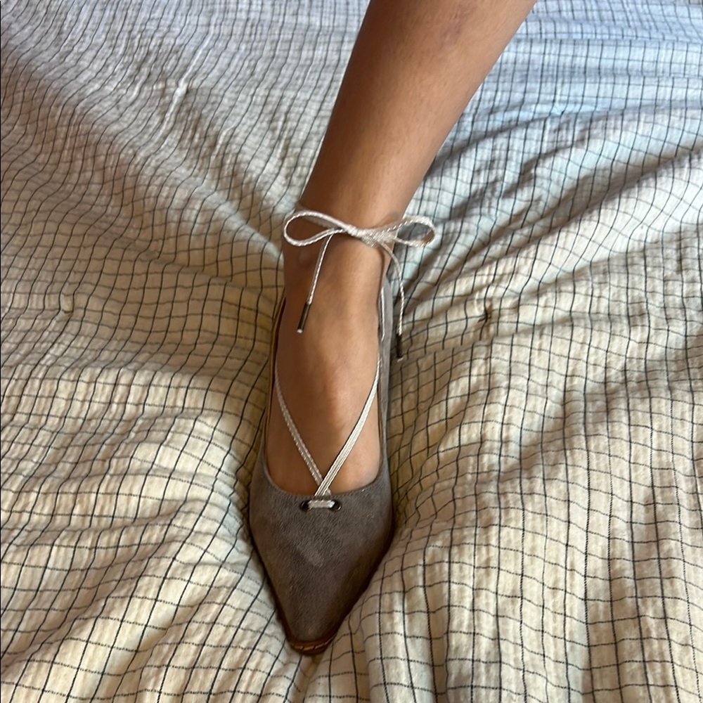 Sundance Gray Pointed-Toe Flats with Ankle Tie